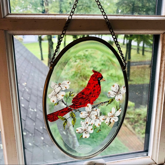 SOLD. Vintage Lyford Suncatcher Red Cardinal Beveled Glass Made in USA